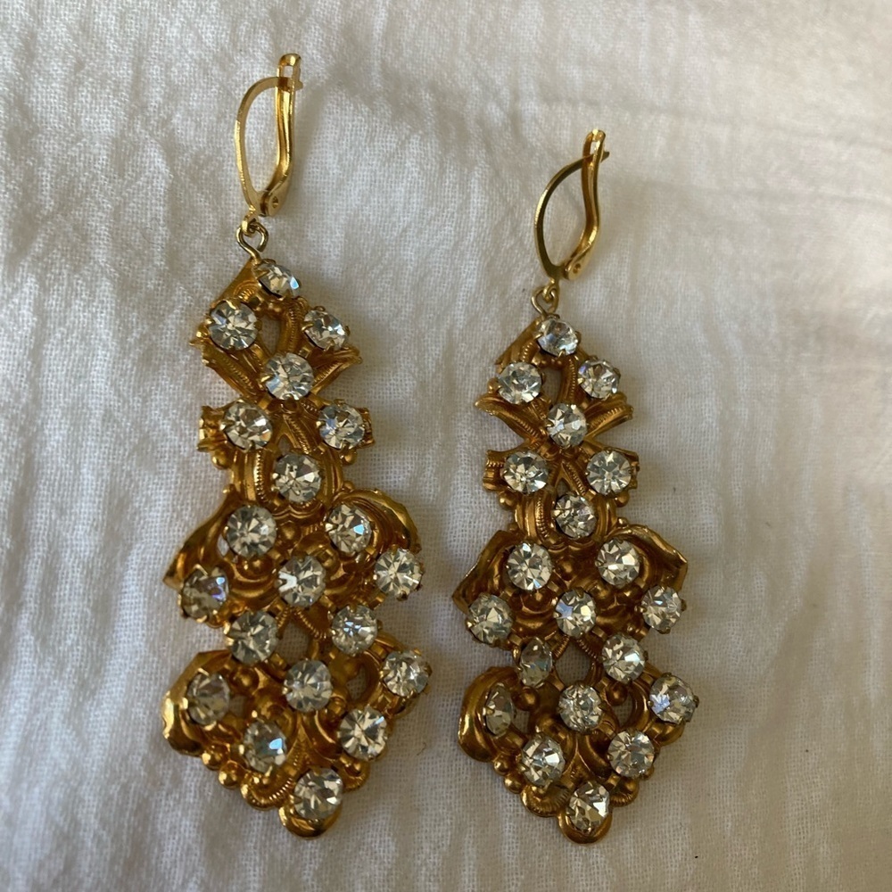 Gold Tone Earrings W/‎ Rhinestones Vintage Earrings